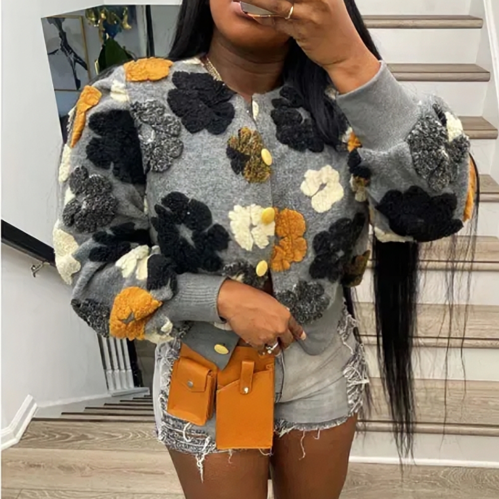 Stylish floral womens single breasted thick knit fleece puffer jacket